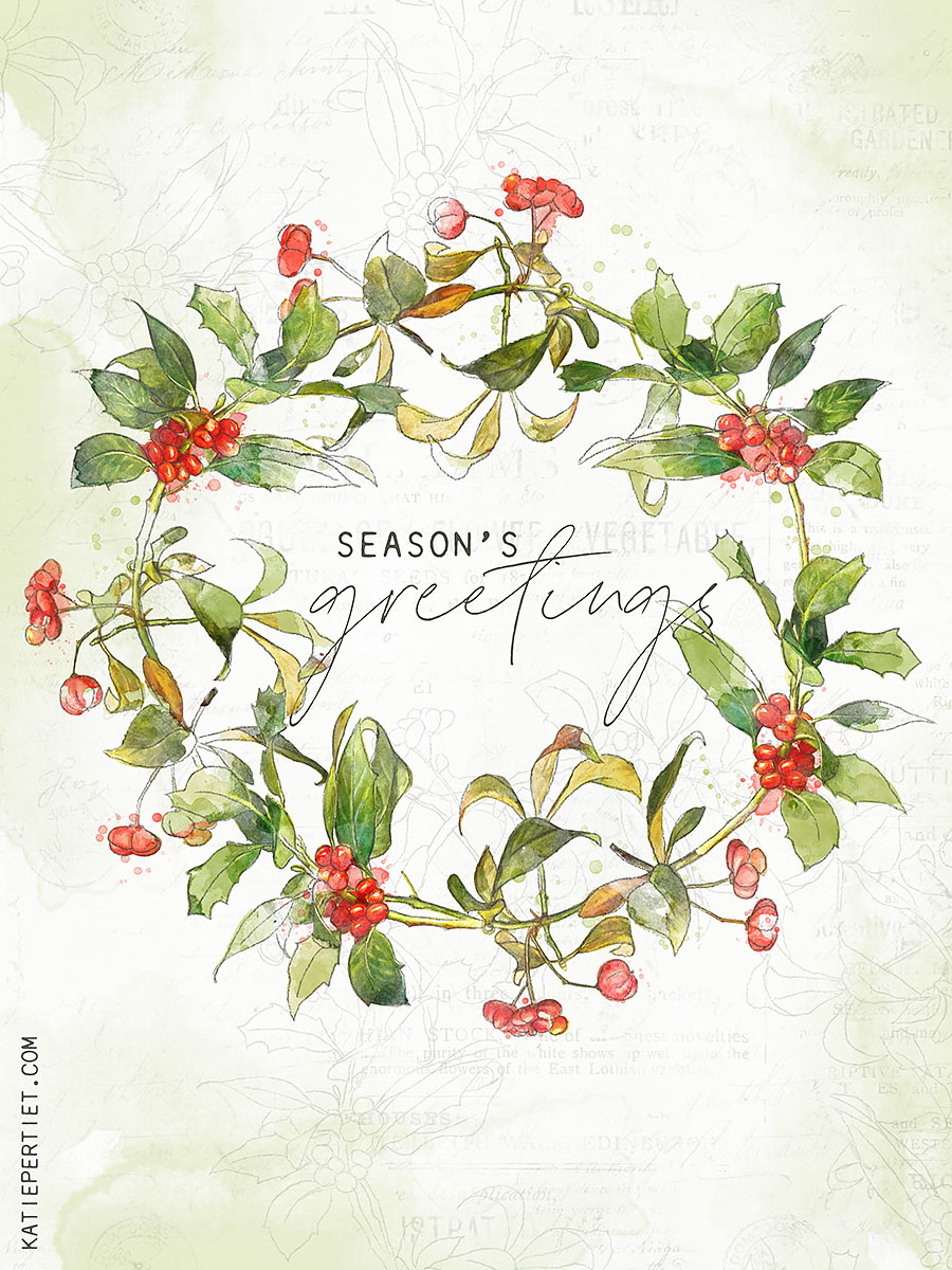 Katie Pertiet Watercolor Christmas Holly Wreath